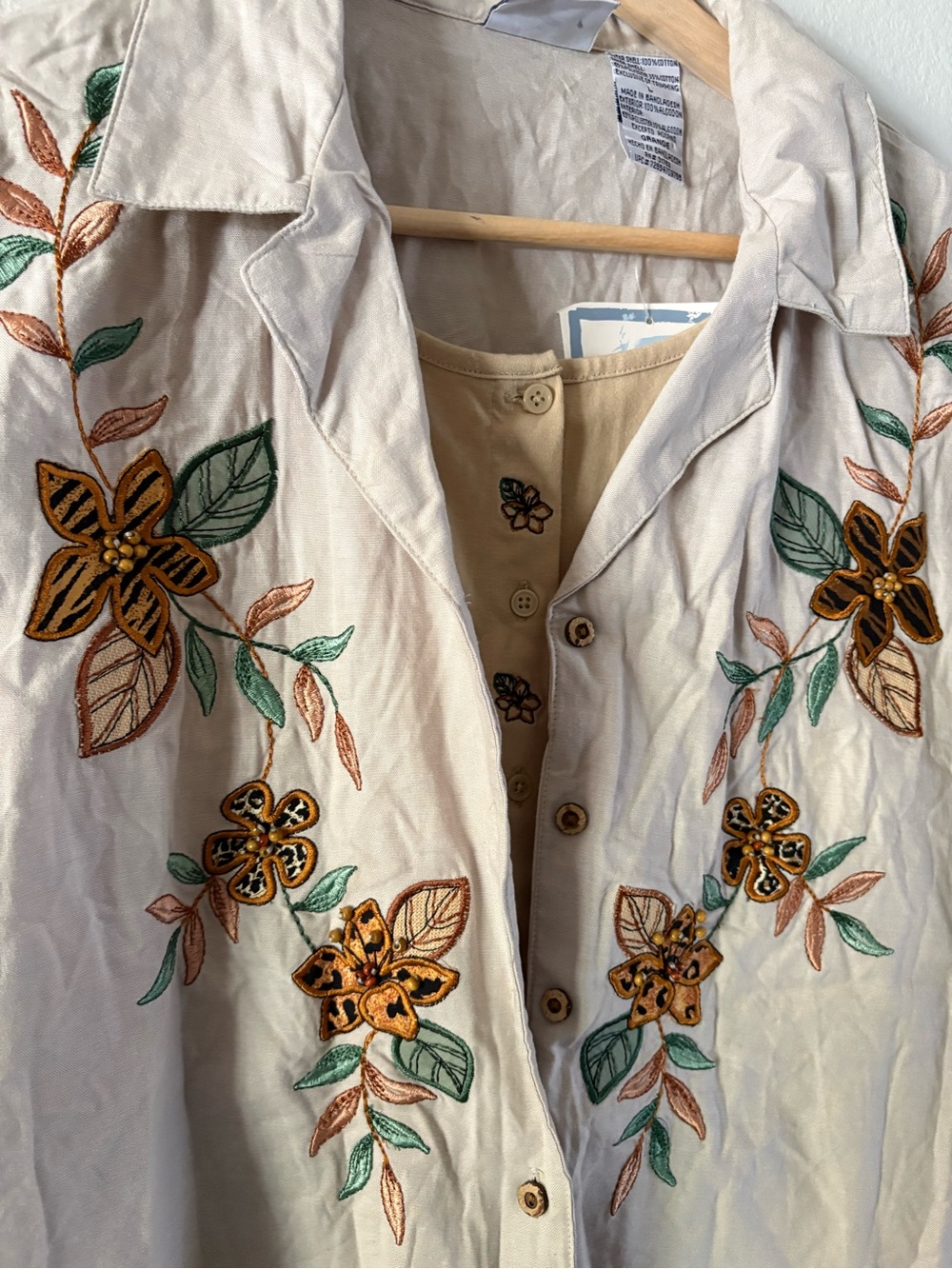 Vintage Floral 90s Boho Embroidered Cotton mock-layer shirt Bobbie Brooks Large - Picture 3 of 8